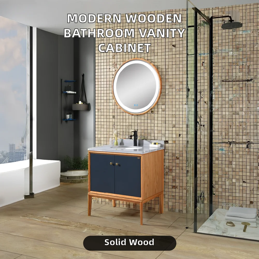 Imagen 4: Mueble de tocador de baño de madera maciza moderno, espejo de baño de pie impermeable para uso doméstico o en Hotel para apartamento