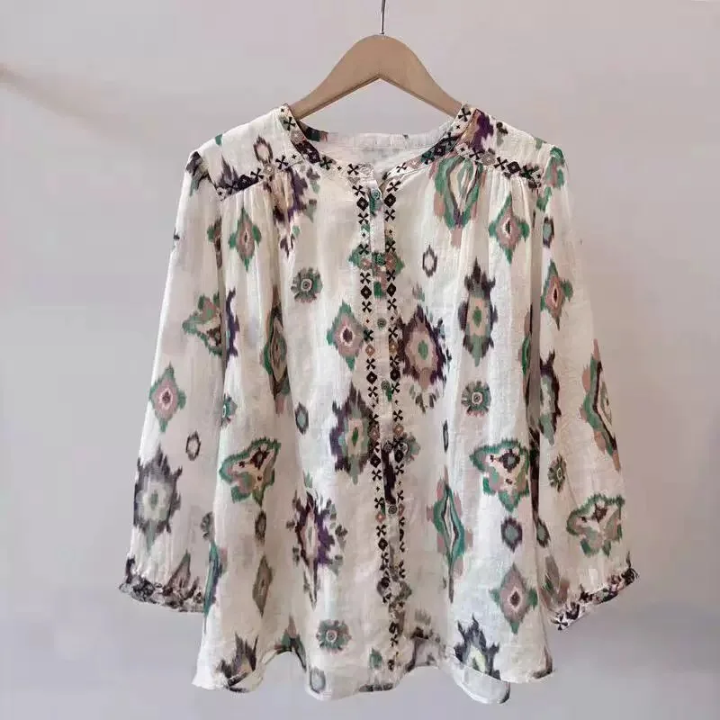 

Bohemian Print Cotton Shirt Spring Faded Color Bas Baan New Style Women's Comfortable Breathable Long Sleeve round Neck Butto...