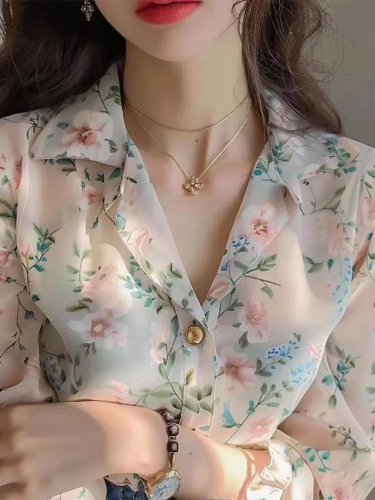

Pink Floral Print Chiffon irt Women's Faionable High-End Top Luxury Long Sve Slim Fit Collar Regular Length irt