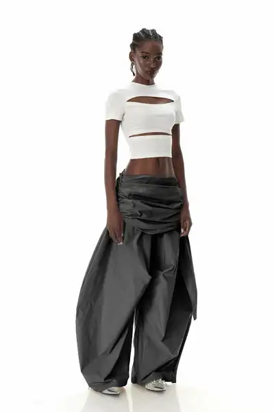 Damen-Retro-Arbeitskleidung in Kontrastfarben, Fallschirmjägerhose, plissiertes Design, lockere Hose mit weitem Bein – Detail 1