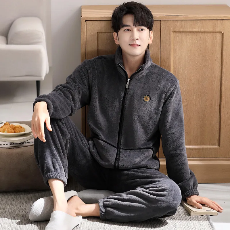 Sleepwear Winter Sleepwear Sleeping Men's Pajamas Set Men Coral Fleece Thickened Fleece Autumn Flannel Trendy Home Wear