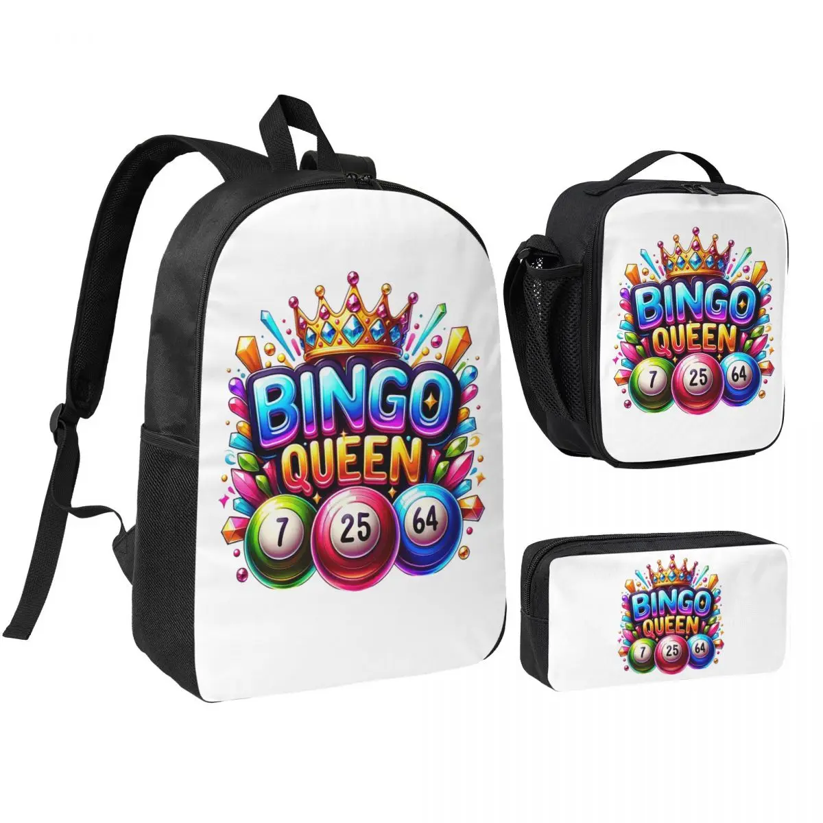 

Bingo Queen Best Player Of Vacation Bingo Backpack Student BookBag School Bag Shoulder Bags 3ps Insulated Lunch Bag Pencil Case