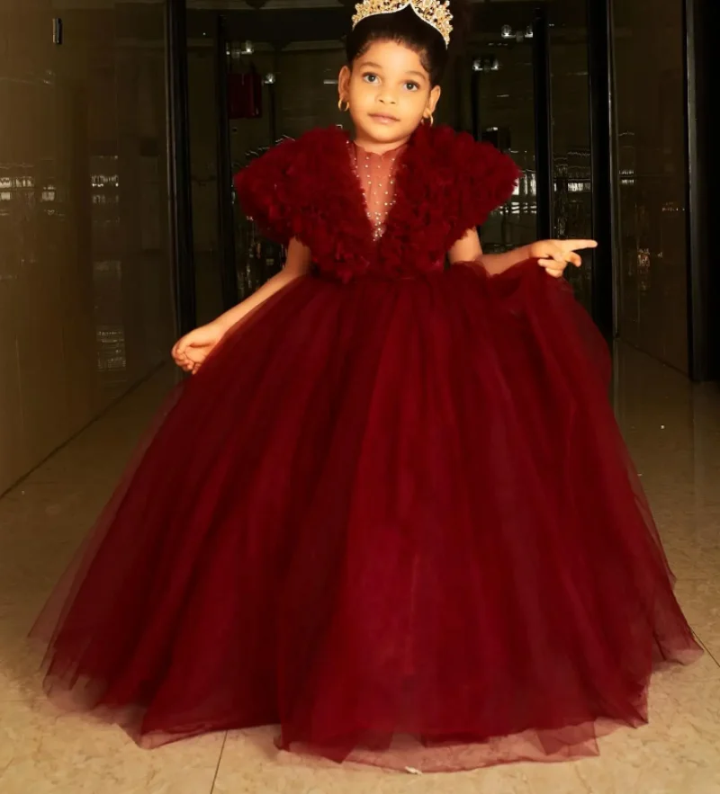 

New Burgundy Girls Pageant Dress Flower Girls Dresses for Wedding Kids Party Wear Baby Birthday Gowns for Photoshoot