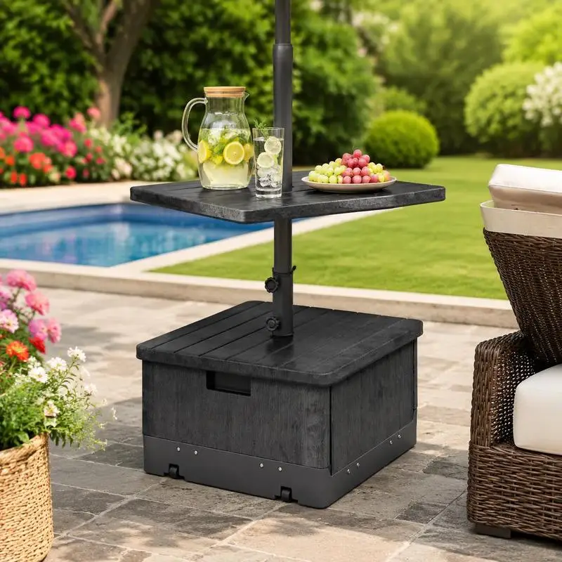 Base de parasol de patio robuste en HDPE avec plateau réglable et bac à plantes, remplie de sacs de sable pour la stabilité, support résistant au vent pour jardin, terrasse de piscine, café, marché, noir. Idéal pour les tables de bistrot, les loisirs en extérieur, les espaces de repos au bord de la piscine et les scènes de thé en plein air.
