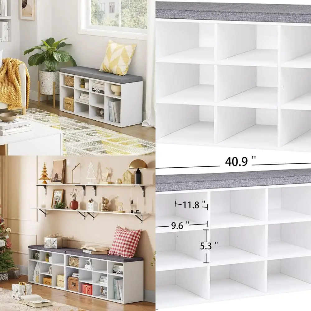 

Многофункциональная белая скамья для хранения обуви с подушкой и 12 кубиками для прихожей, прихожей, прихожей и гаража