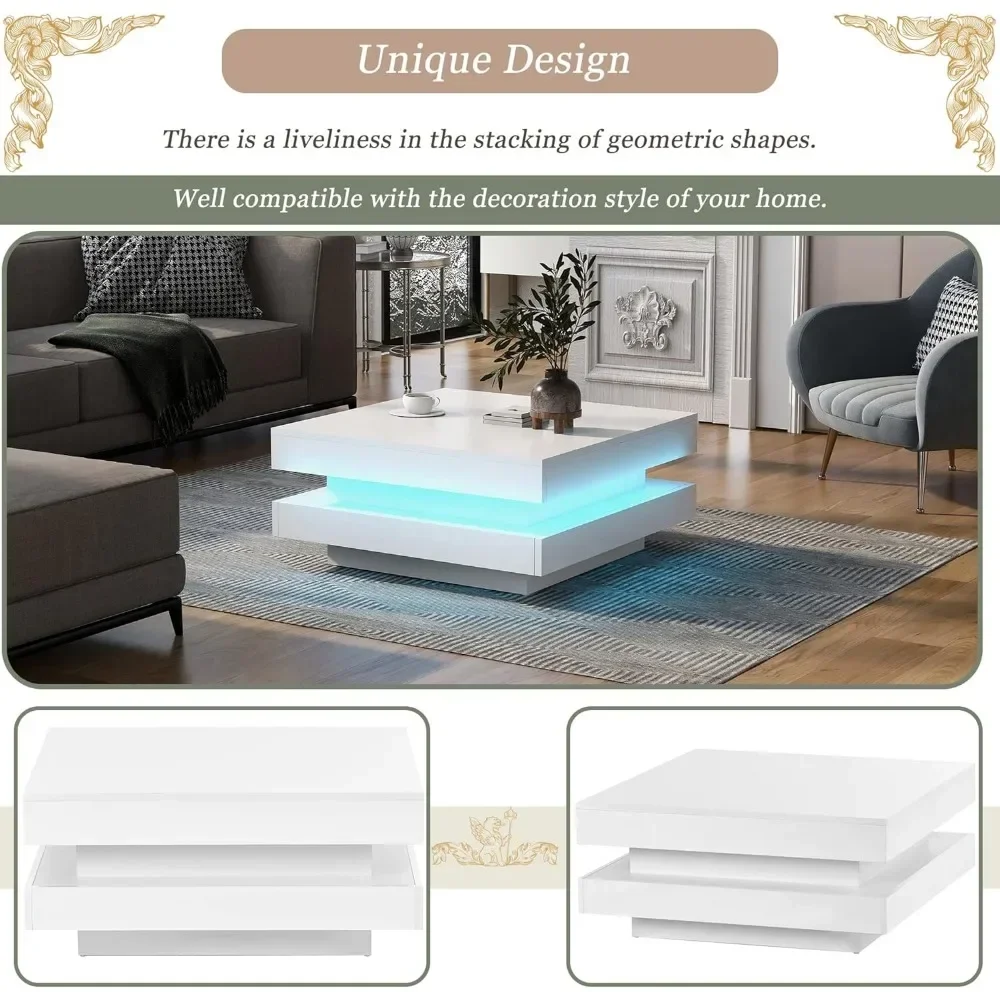 Mesa de centro cuadrada LED para sala de estar, mesa de centro de 2 niveles, mesa de centro de alto brillo con luz LED enchufable de 7 colores