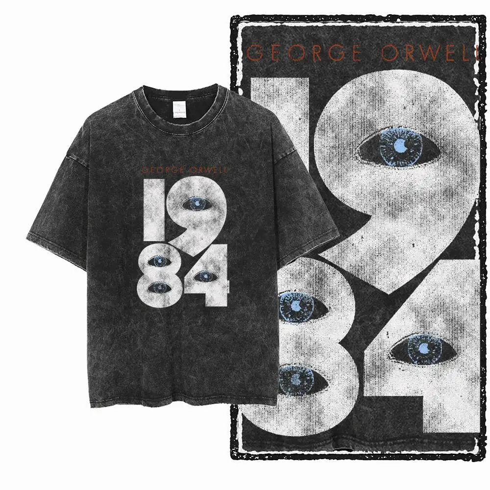 G02 Exclusive 100% Cotton Big Size 1984 Graphic Men T-shirt | Acid Washed Streetwear Cool Vintage O-neck Men's Tee Tshirt