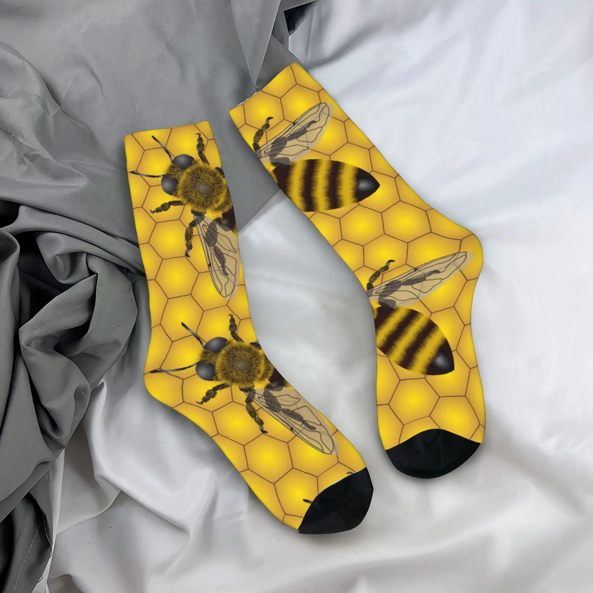 Bee Pattern Honeycomb Stockings  Novelty Socks Men's Soft Socks Winter Skateboard Pattern Anti Sweat Socks Birthday Present