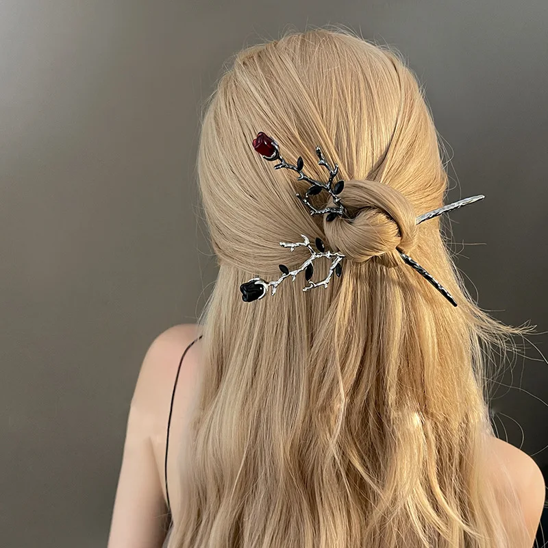 Vintage Rose Hair Sticks Hairwear for Women Simple Flower Black Red Hairpins Hair Chopsticks Disk Hairsticks Headdress Jewelry