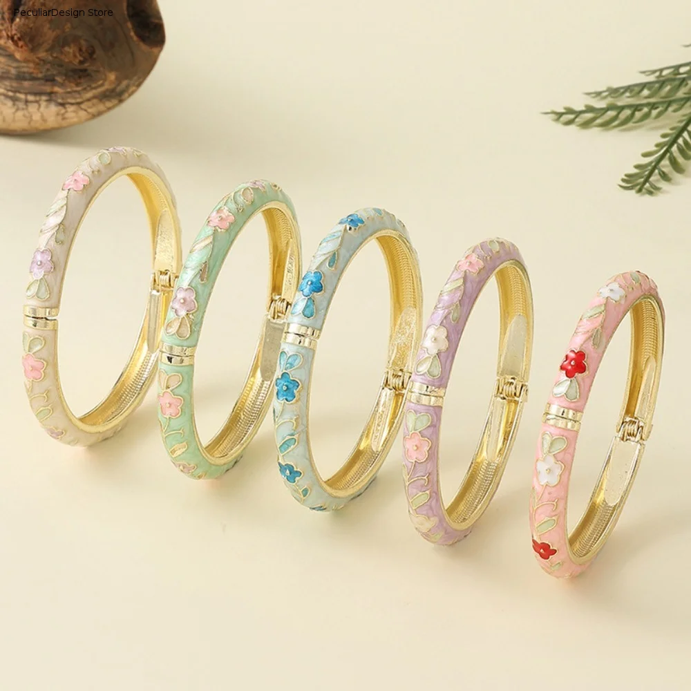 Zinc Alloy Cloisonne Bracelet Flower Pattern Drip Oil Process Blossom Enamel Bracelet Rustic Style Vintage Women Bangle Student