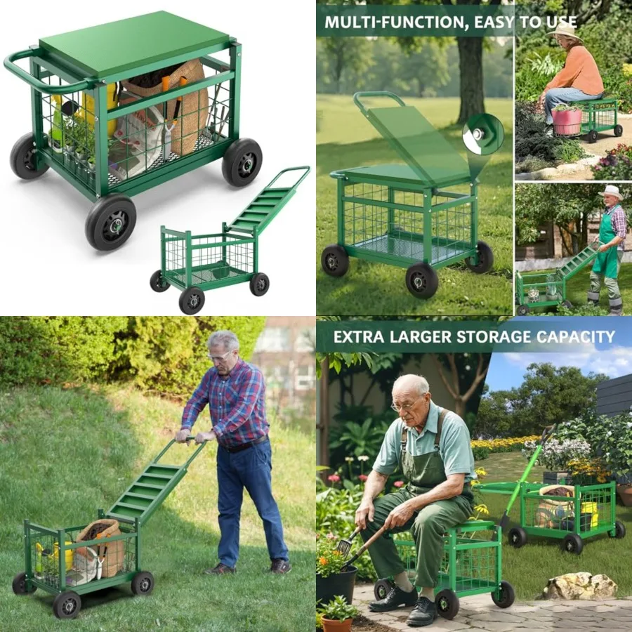

Rolling Garden Work Seat with Wheels, Upgraded Heavy Duty Gardenning Cart with Seat - Garden Rolling Stools with Wheels for Sen