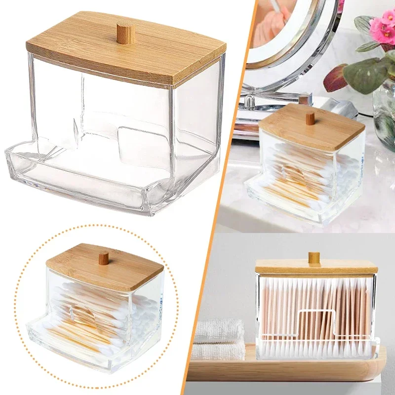 Cotton Swab Holder Cotton Swab Dispenser with Bamboo Lids Bathroom Storage Jars Clear Organizer Containers Plastic Storage Box