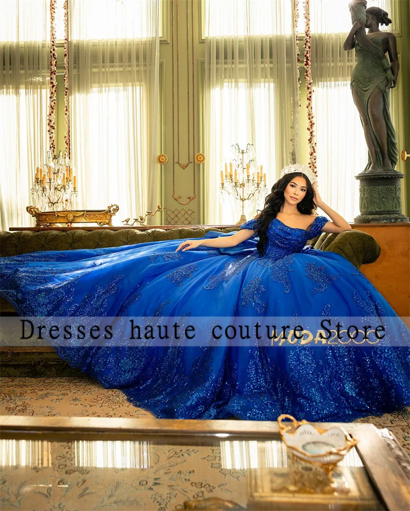 Robe de Quinceanera perlée en tulle bleu royal, robe de Rhpersonnalisée avec nœud, appliques de paillettes, Sweet 16, 2025