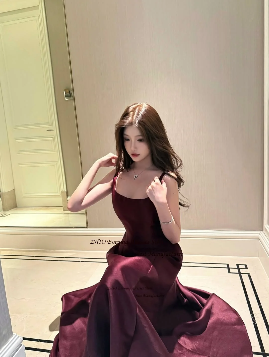 Zhi vinho vermelho cetim vestido de noite plissados uma linha gola quadrada longo vestido de festa alças espaguete vestido de baile para mulher personalizado