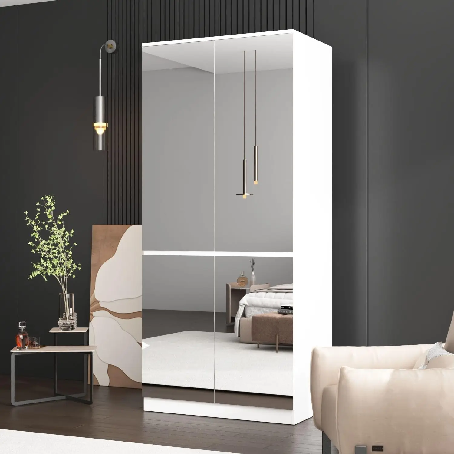 Famapy 4 Door Wardrobe Closet With Mirrors, Armoire Wardrobe Closet With Hanging Rod, Mirrored Armoire Closet For Bedroom White