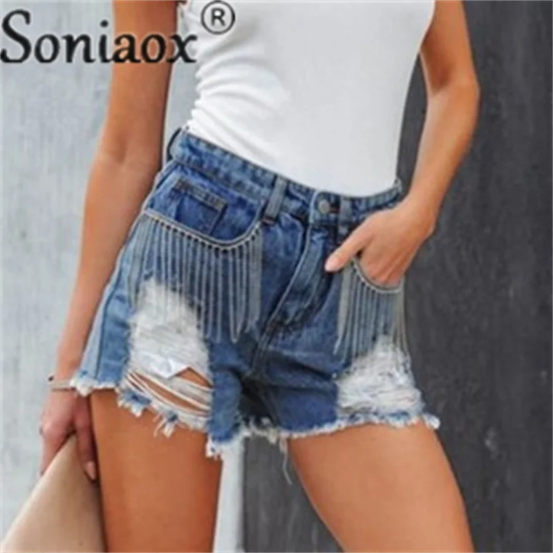 Fashion Tassel Chain Splicing Broken Holes Denim Shorts Women Streetwear Casual Three Quarter Pants Female Summer Straight Jeans