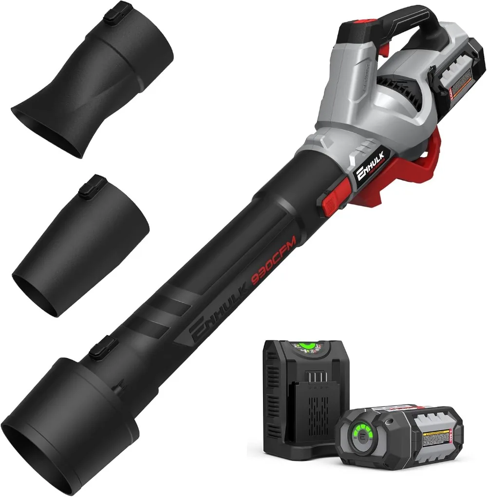 Leaf Blower Cordless,930 CFM Max.Brushless Motor, Cruise Control, Turbo Variable-Speeds,3 Nozzels, 5.0AH Battery and Charger