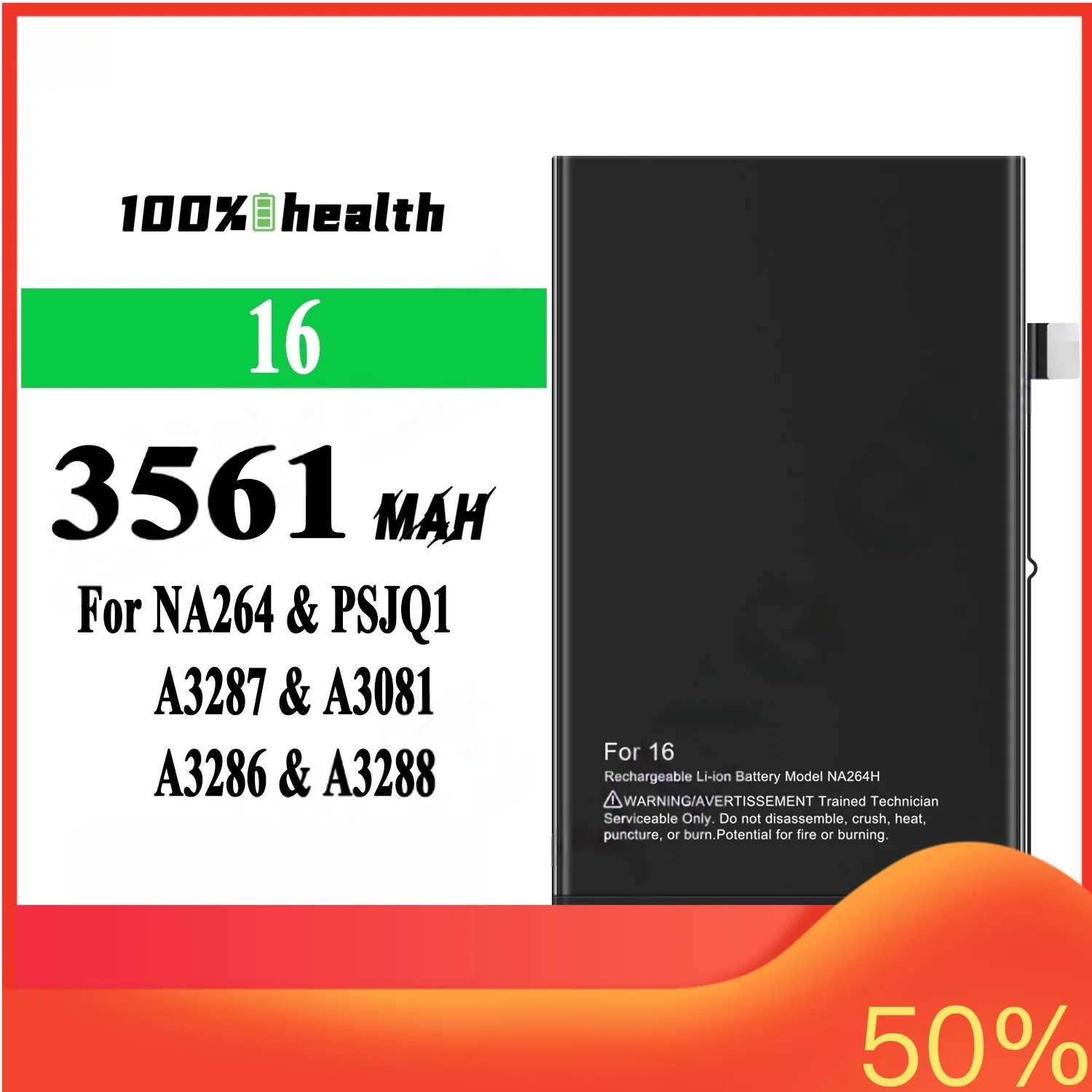 3561mAh for Apple 16  Iphone Battery for Apple 16 Phone NA264 PSJQ1 A3287 3081 3286 Lithium Rechargeable Battery