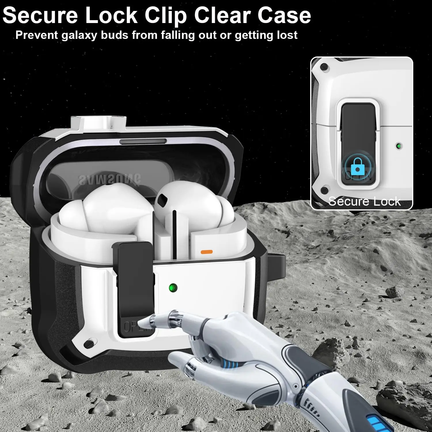 Samsung Galaxy Buds 3 ケース & Galaxy Buds 3Pro ケースフルボディ耐衝撃安全ロッククリップハードケースとカラビナクリーナーペン