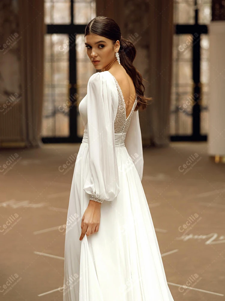 Elegante Brautkleider aus Chiffon, lange Puffärmel, bezaubernde Roben, tiefer V-Ausschnitt, anmutig, anmutig, Vestidos de Novia