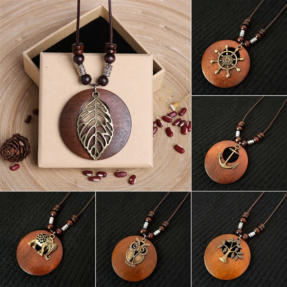 Vintage Folk Style Wooden Beads Pendant Necklace For Women Choker Long Wax Thread Zinc Alloy Sweater Dress Necklace