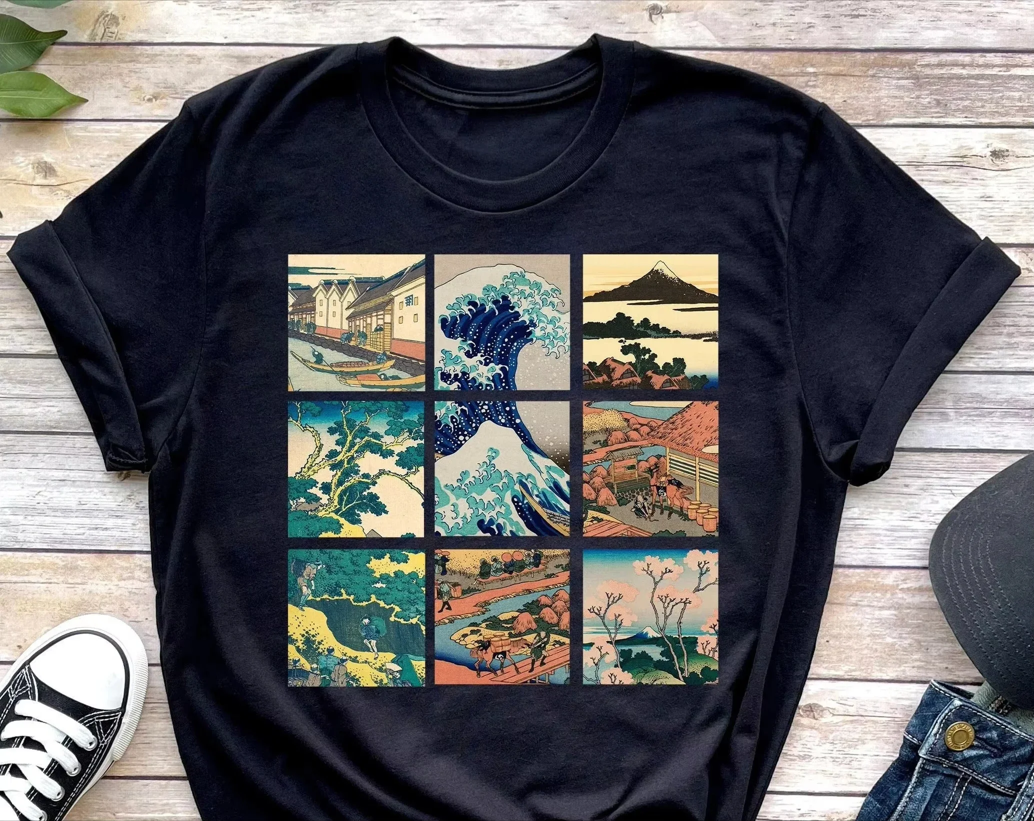 Camisa japonesa de gran olatreinta y seis vistas del monte Fuji de HokusaiKanagawa Wave Woodblock Anime estético Harajuku