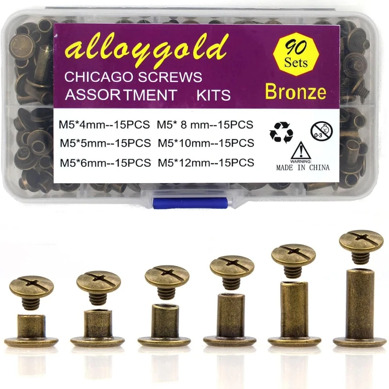 90 Sets Bronze Chicago Screws Leather Assorted Kit 6 Sizes Screw Leather Rivet for DIY Leather Craft Bookbinding