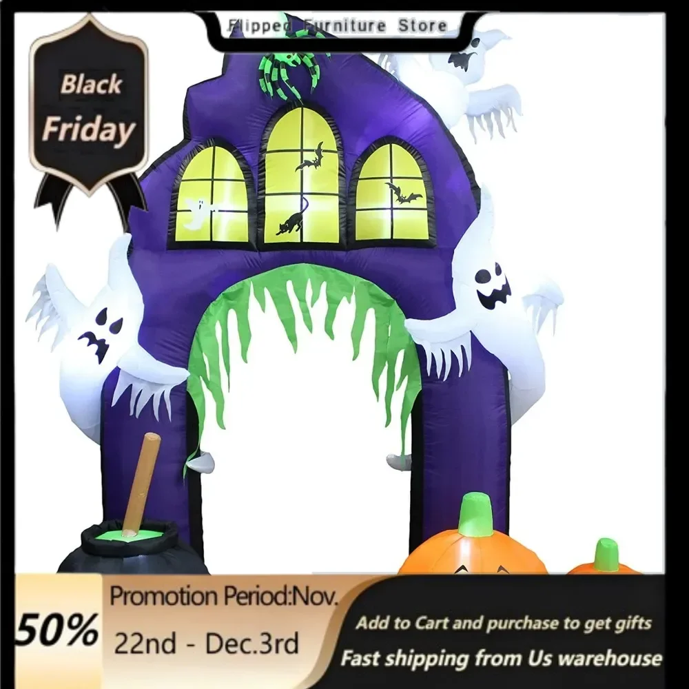 9 Foot Halloween Inflatable Castle Archway with Pumpkins Spider Ghosts Cauldron LED Light Decor , Lawn Blow Up Home Family Party