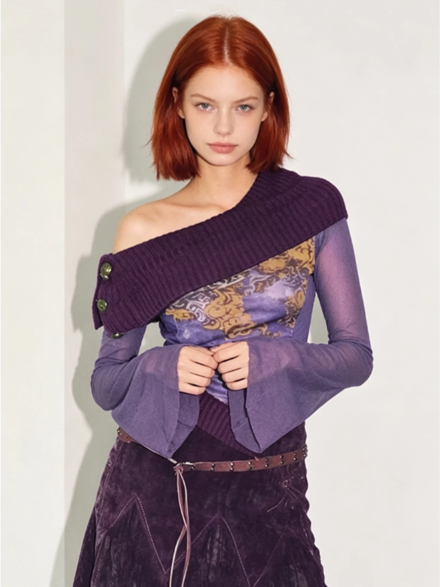 Women Purple Patchwork T-shirt Korean style Y2K Gyaru Elegant Off Shoulder Long Sleeve T-Shirt Vintage Tee Top for Women Autumn