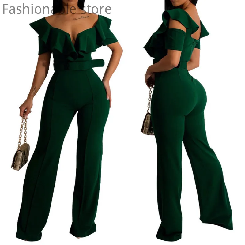 Women V-Neck Ruffles Short Sleeve Straight Jumpsuit With Belt