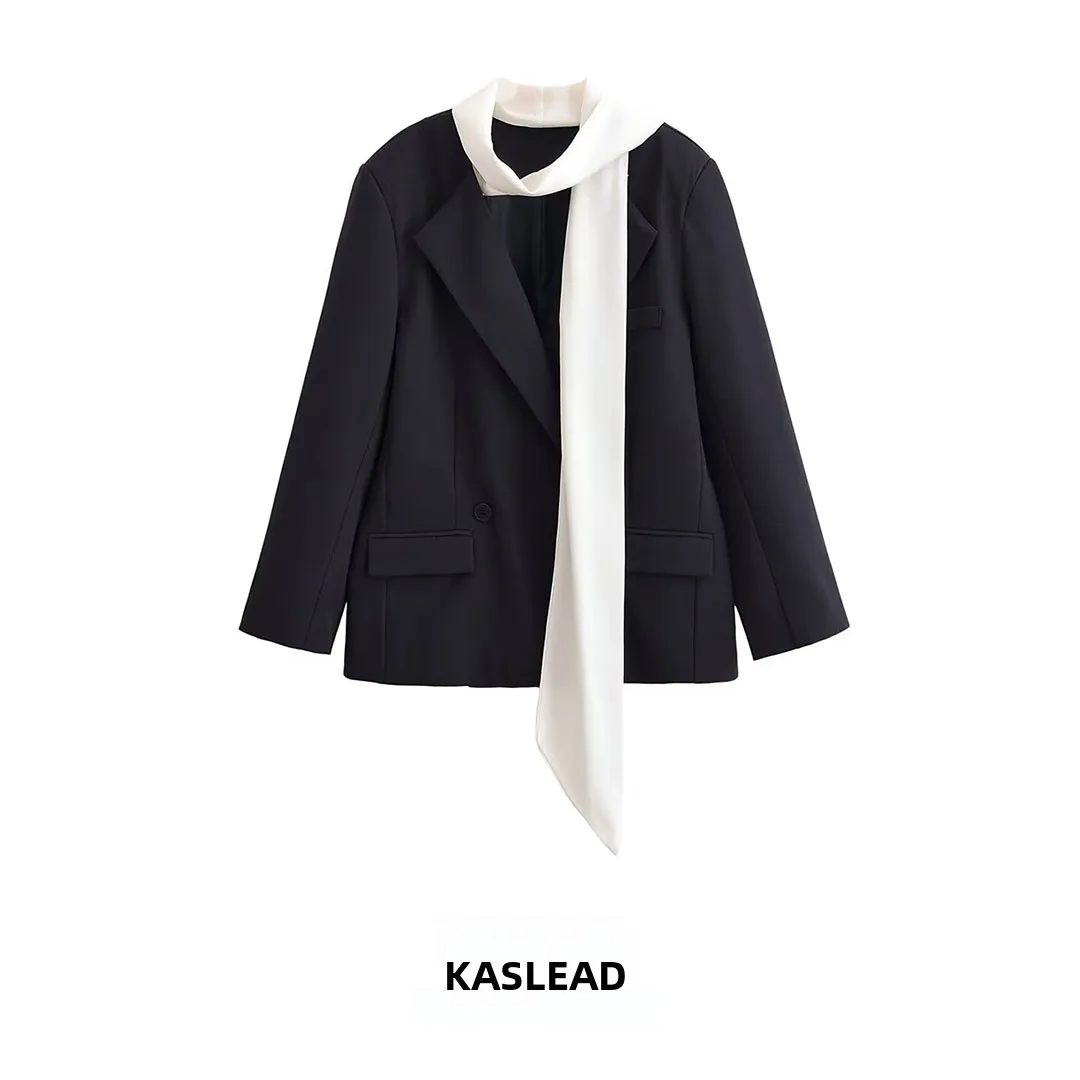 

Faionable контрастного цвета с шарфом, костюм Jaet Simple Sli, женский уличный костюм Long Sve, двубортный костюм из полиэфирного волокна