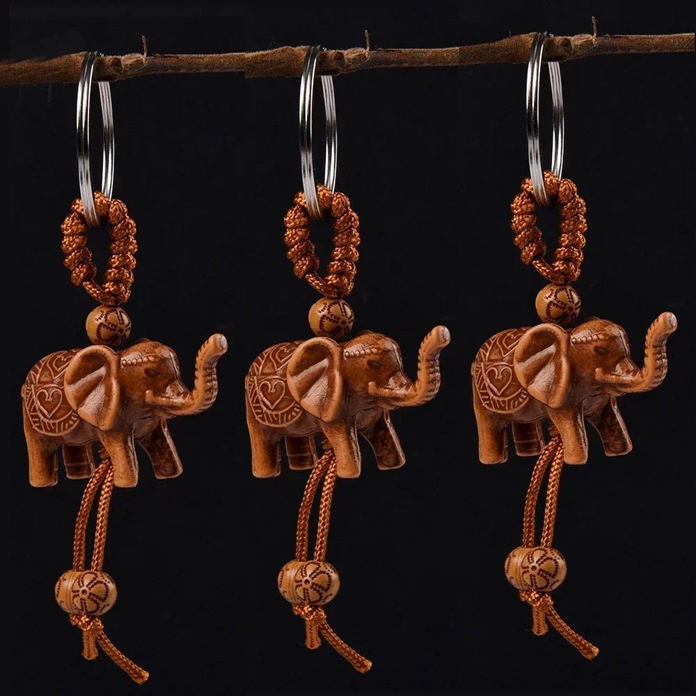 1-5pcs Elephant Keychain Peach Wood Carving Riches Lucky Animal Key Chain Pendant Women Bags Pom Pom Charm Home Key Rings