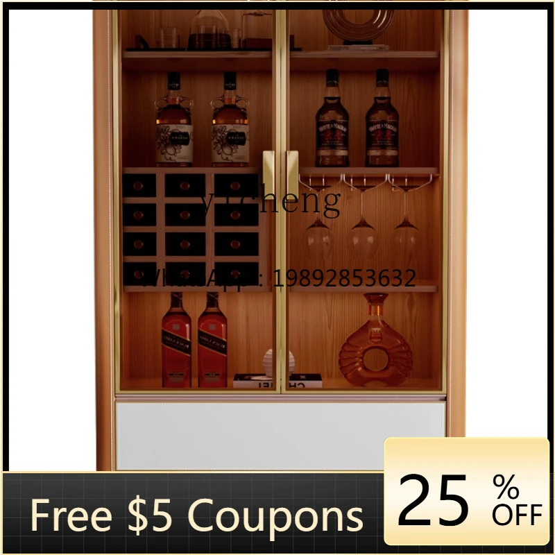 

XL High-Grade Saddle Leather Wine Cabinet Solid Wood Wall Display Cabinet Glass Door Wine Cabinet