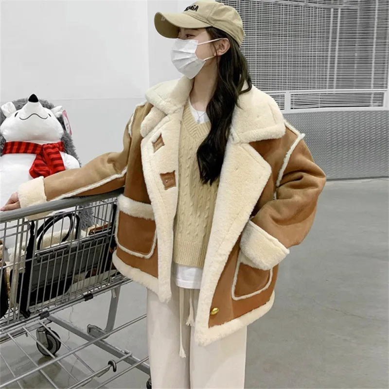 Suede Leather Jacket Women Spliced Lambswool Coat Single Breasted Pocket Fashion Motorcycle Loose Thick Winter Leather Jacket