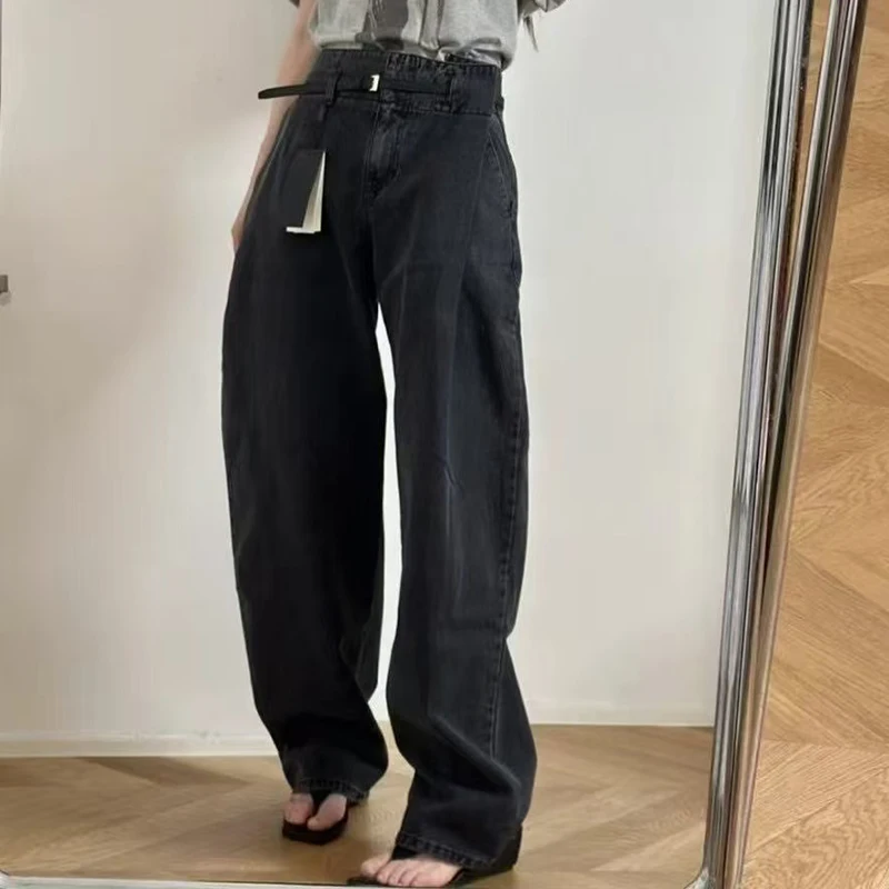 Ladies' high-waisted pleated belt curved knife pants 2025 Autumn new wide-leg pants Loose, slimming, floor-length style