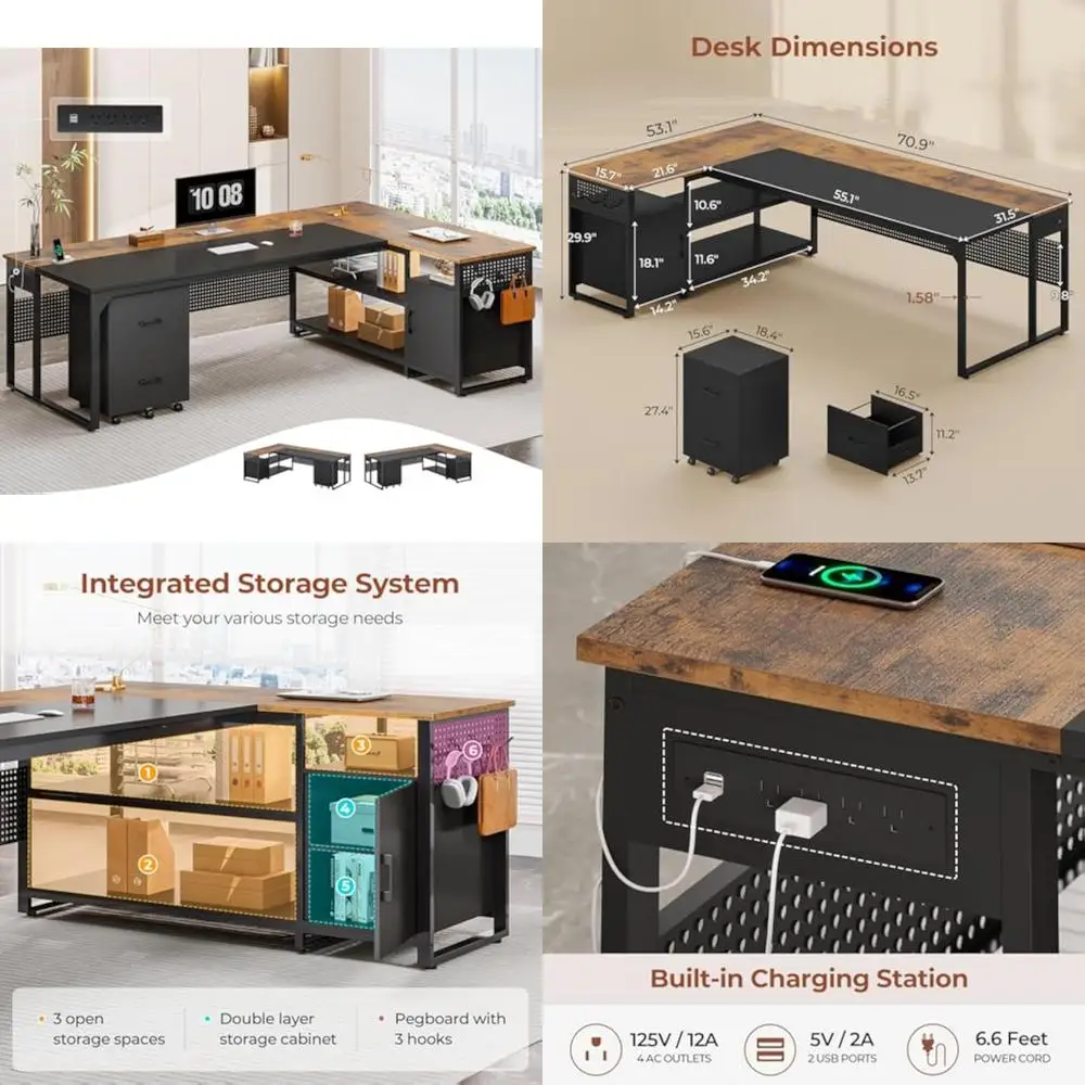 

Large L-Shaped Office Desk with Reversible Design, Mobile File Cabinet, and Power Outlets