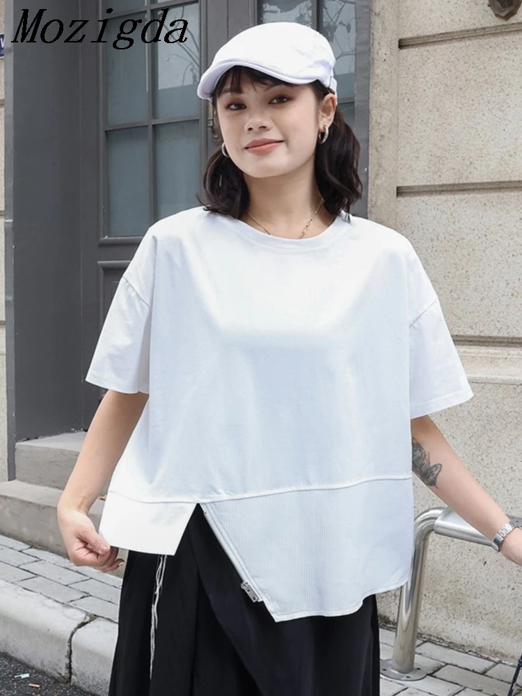 

Summer Oversize Women White Irregular Hem Spliced T-shirt New Round Neck Loose Short Sleeve Fashion Tide Ladies Tops