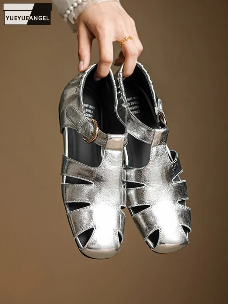 

Summer New Retro Casual Women Versatile Buckle Genuine Leather Hollow Out Close Toe Sandals Comfort Ladies Elegant Rome Fashion