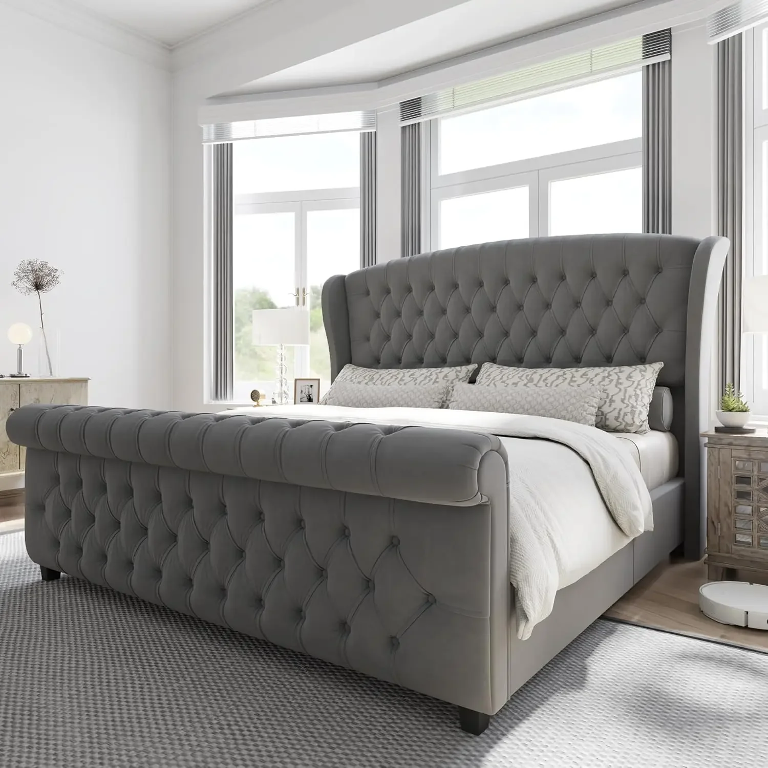 

AMERLIFE Каркас кровати размера «queen-size» на платформе, кровать-сани с бархатной обивкой, изголовьем и спинкой-круткой, изножьем/тафтингом на пуговицах/N