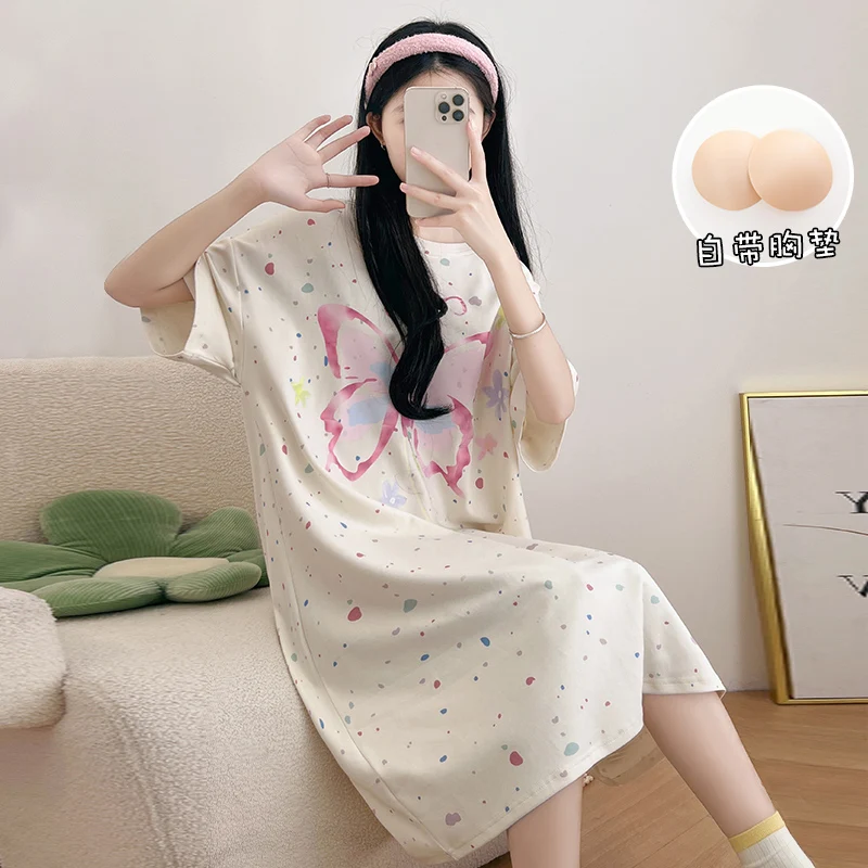 Summer Cartoon Sleepwear Nightgowns Ladies Cute Short-Sleeved Large Size Thin Section College Style Nightgown Homewear잠옷 m-2xl