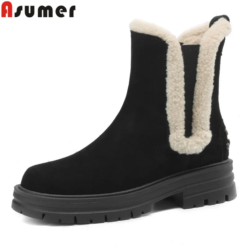 

ASUMER 2024 New Cow Suede Leather Winter Boots Women Thick Fur Warm Chelsea Boots Ladies Fashion Ankle Snow Boots Female Shoes