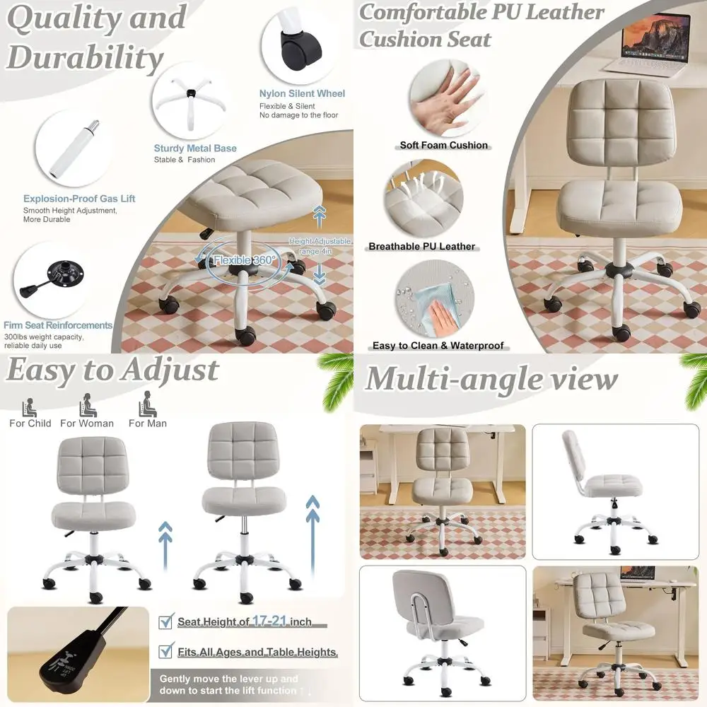 

Space-Saving Desk Chair with Wheels, Stylish Armless Vanity Seat, Adjustable Height for Home Office, Bedroom, Makeup Area, Light