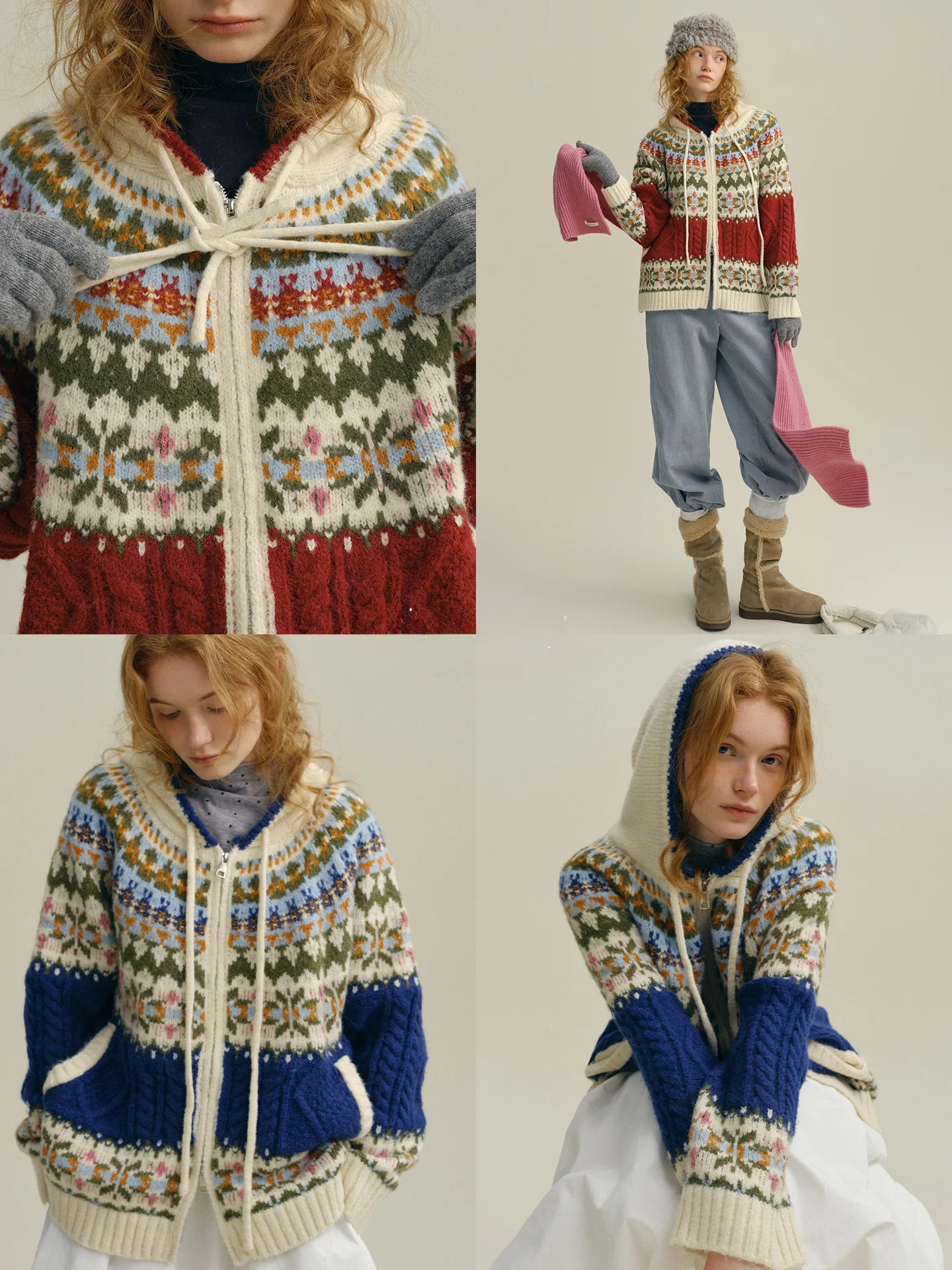 

Вязаный свитер Rina Berry из шерсти с узором Fair Isle, на молнии, с капюшоном, повседневный, универсальный, винтажный, для женщин, с круглым вырезом, длинными рукавами