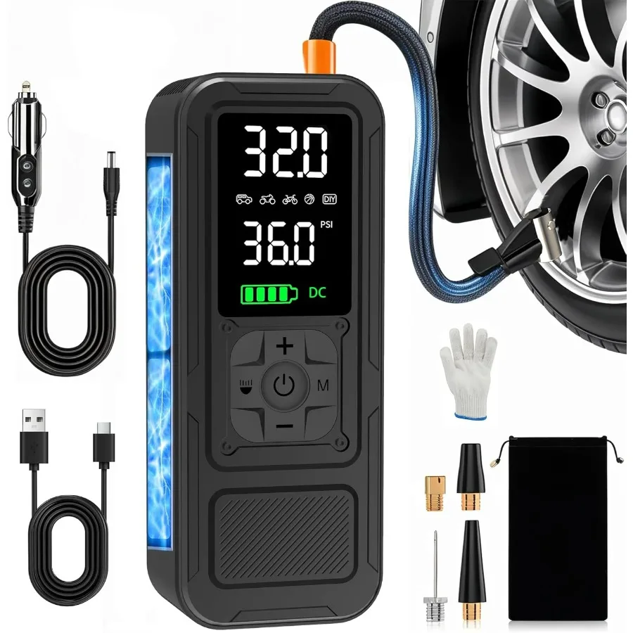 

Portable Air Compressor for Car Tires Motorcycle Bike Ball 4X Faster Inflation 10000mAh Cordless 12V DC 150PSI with Digital Pre