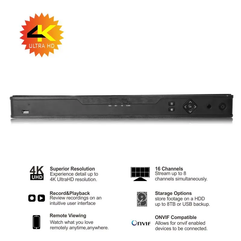 Guard Viewer App 16 Channel 4K NVR Recorder H.265/H.264 Video 4K NVR Support 2 SATA Analysis Network Record