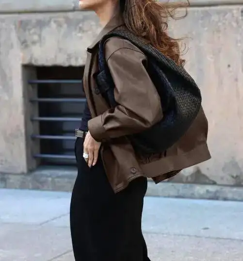 Retro Temperament Suit Collar Autumn New Women's Solid Color High Street Fashion Lapel Loose Leather Jacket