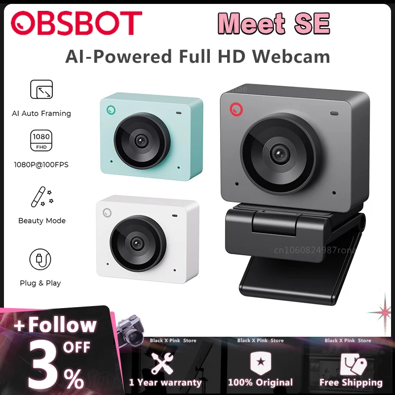 OBSBOT Meet SE 1080P 100FPS Webcam AI Framing Streaming Camera with 1/2.8