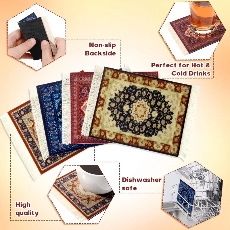 Rug Table Coasters Persian Carpet Style Drink Holders Oriental Vintage Bohemian Mats Miniature Elegant Bar Coaster Mouse Pad