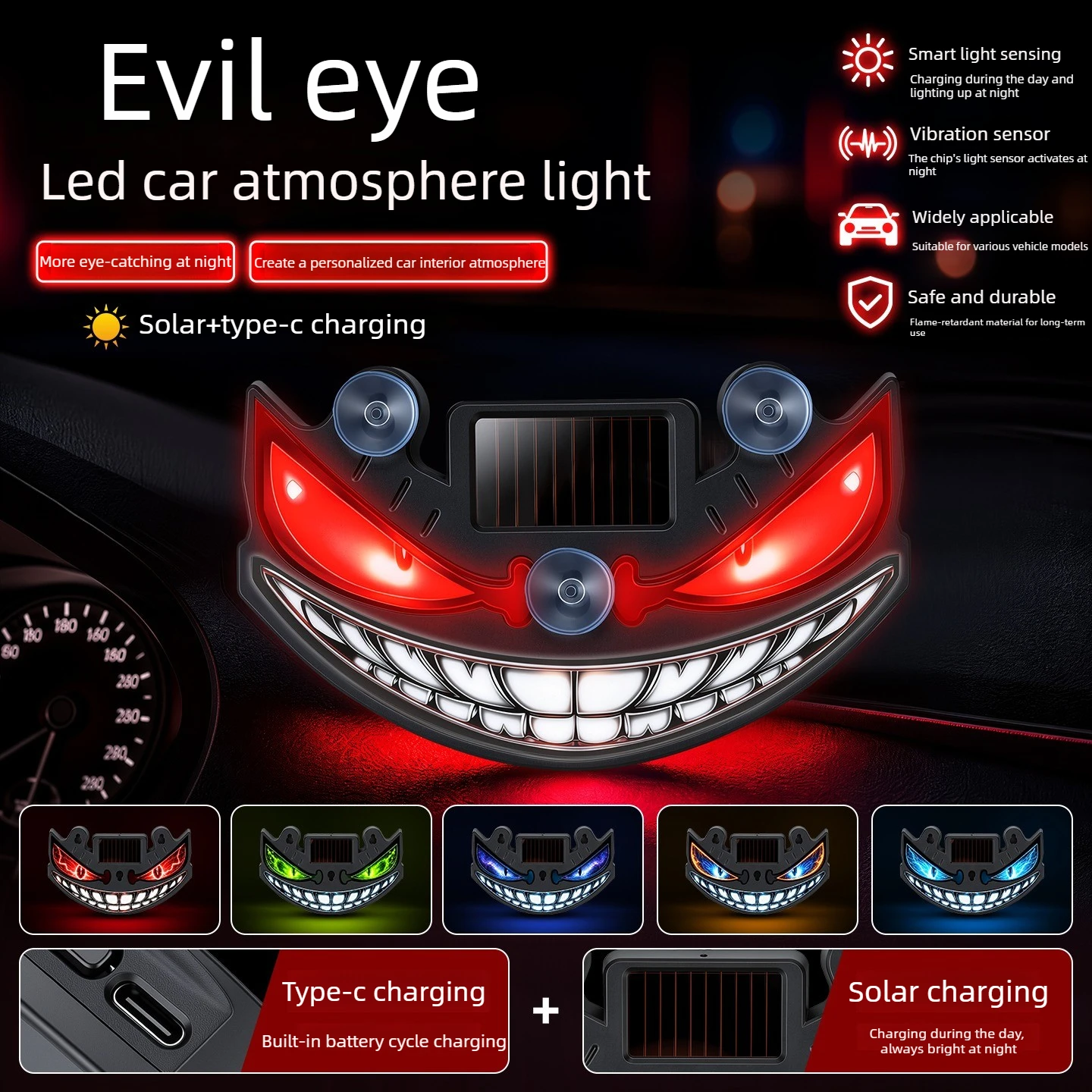 Solar Powered Car Evil Eye Warning Light Sensor LED Dynamic Atmosphere Lamp Auto Rear Window Decor Strobe Brake Safety Light