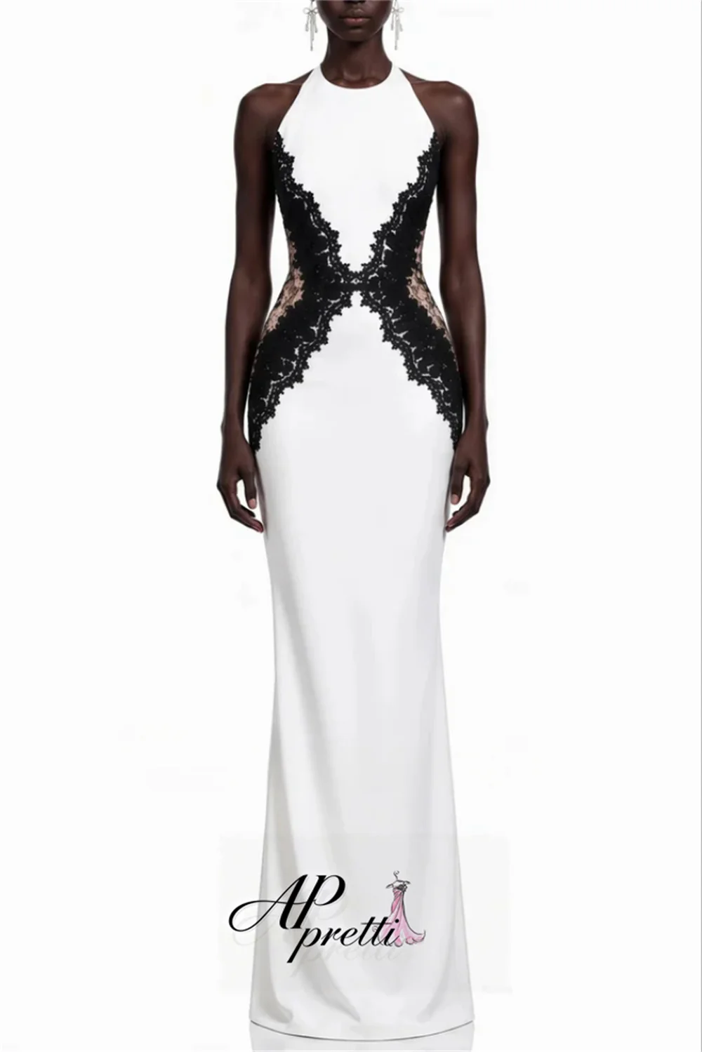AP pretti Classic Contrast Color Halter Satin Panels Lace Evening Gown Dress Sleeveless Straight Backless Party Dress Customized